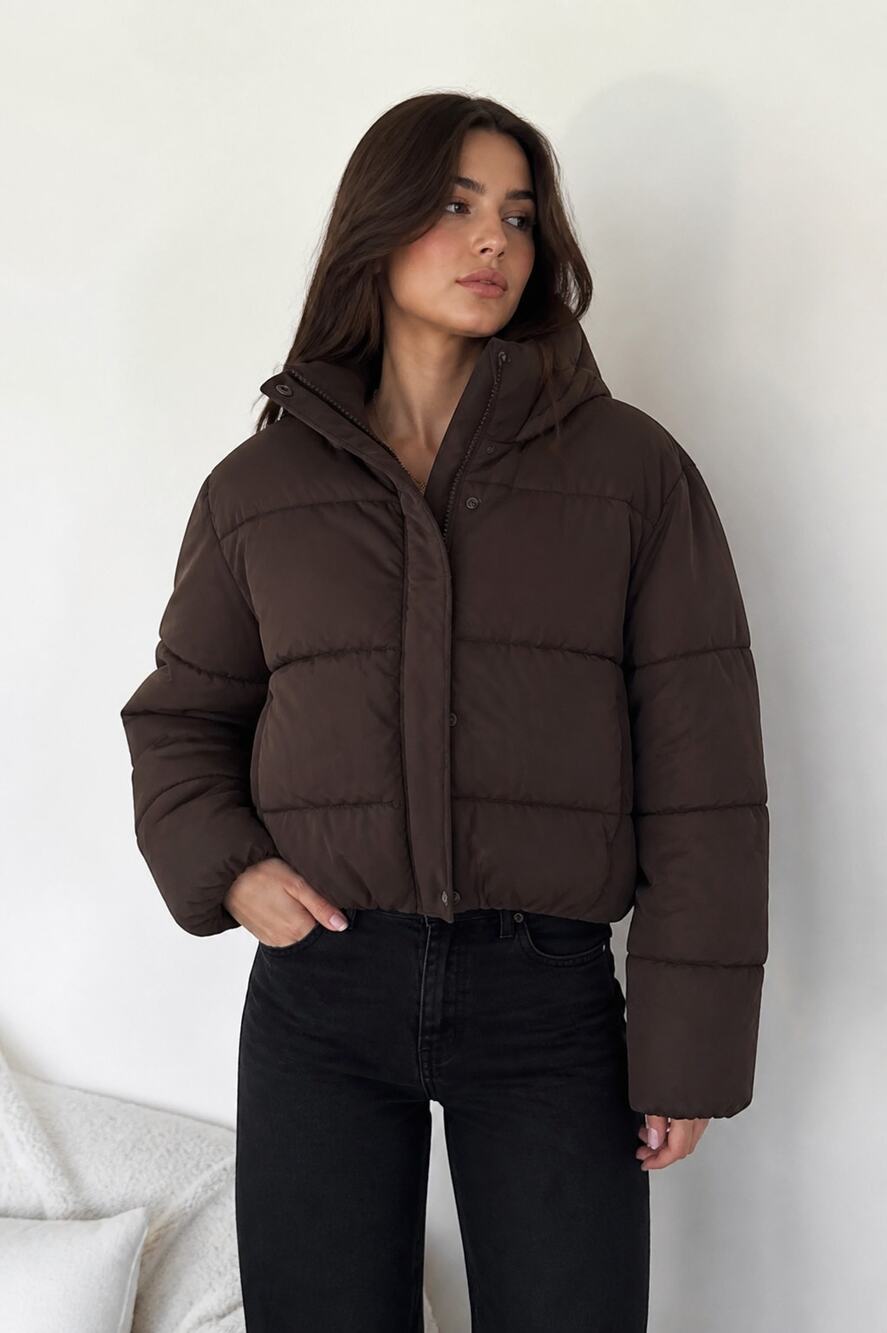 Brown Cropped Puffer Jacket with Hood, Size S